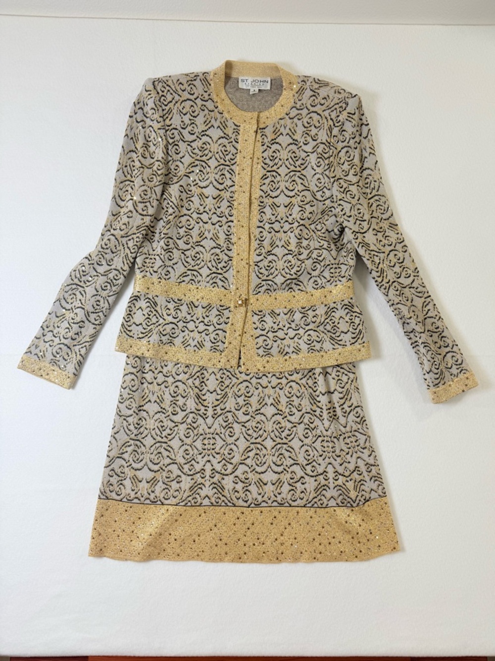 Vintage St. John Evening Gray and Gold Lace Skirt Set - Picture 2 of 13